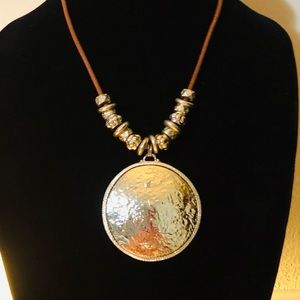 NEW Large Gold Medallion Fancy Metal Beads Leather Cord Modernist Vintage Chicos